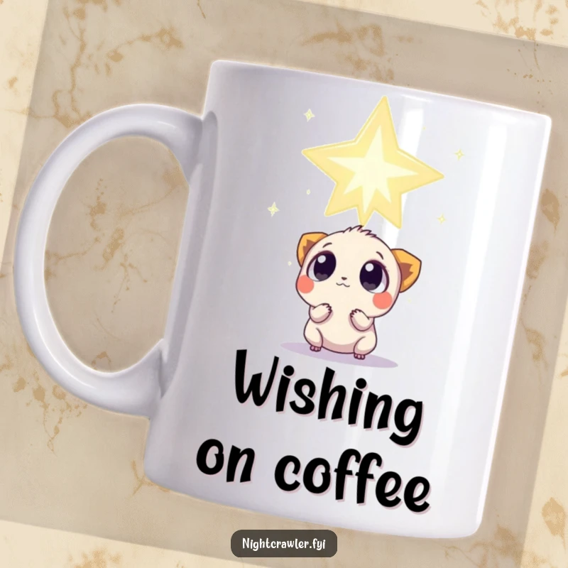 Funny Mug: A small creature with wide, curious eyes observes a colossal, twinkling star, showing awe and wonder.