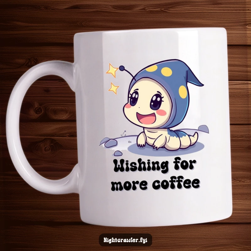 Funny mug showing a night crawler character with exaggerated surprise and wide eyes, looking up at a brilliant shooting star.