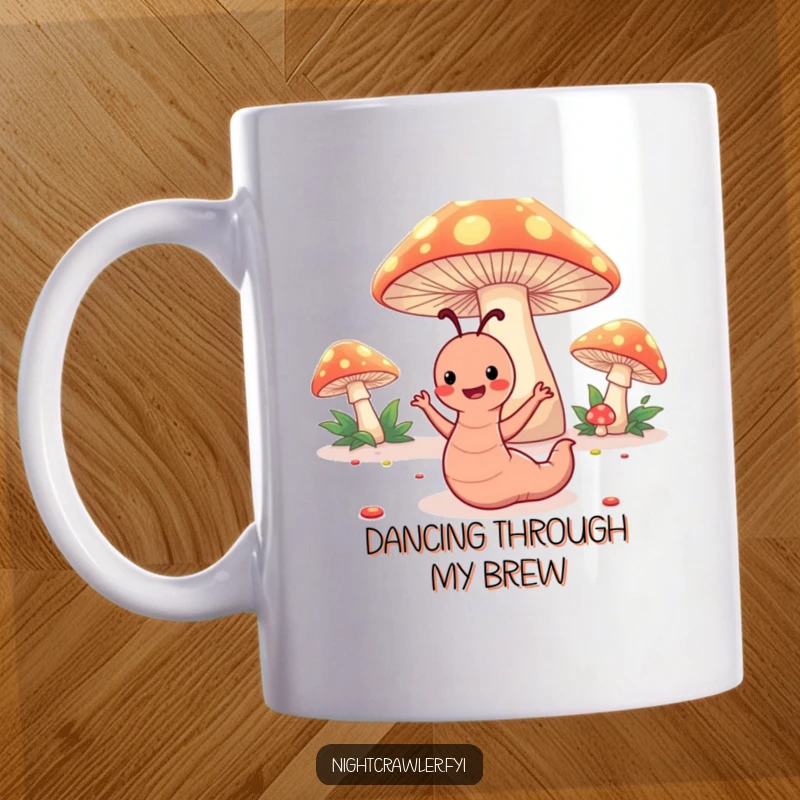 Funny mug featuring a happy worm character doing a silly dance under glowing toadstools, radiating playful and humorous forest magic.
