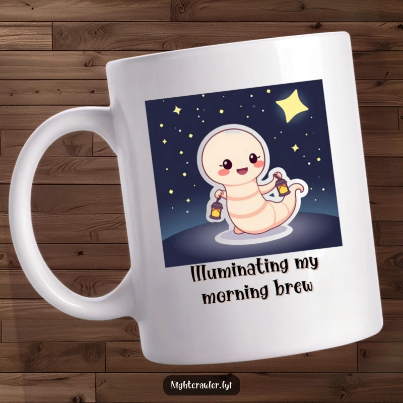Funny Mug featuring a happy worm with a tiny lantern, walking through a dark, starry night landscape, bringing light and wonder.