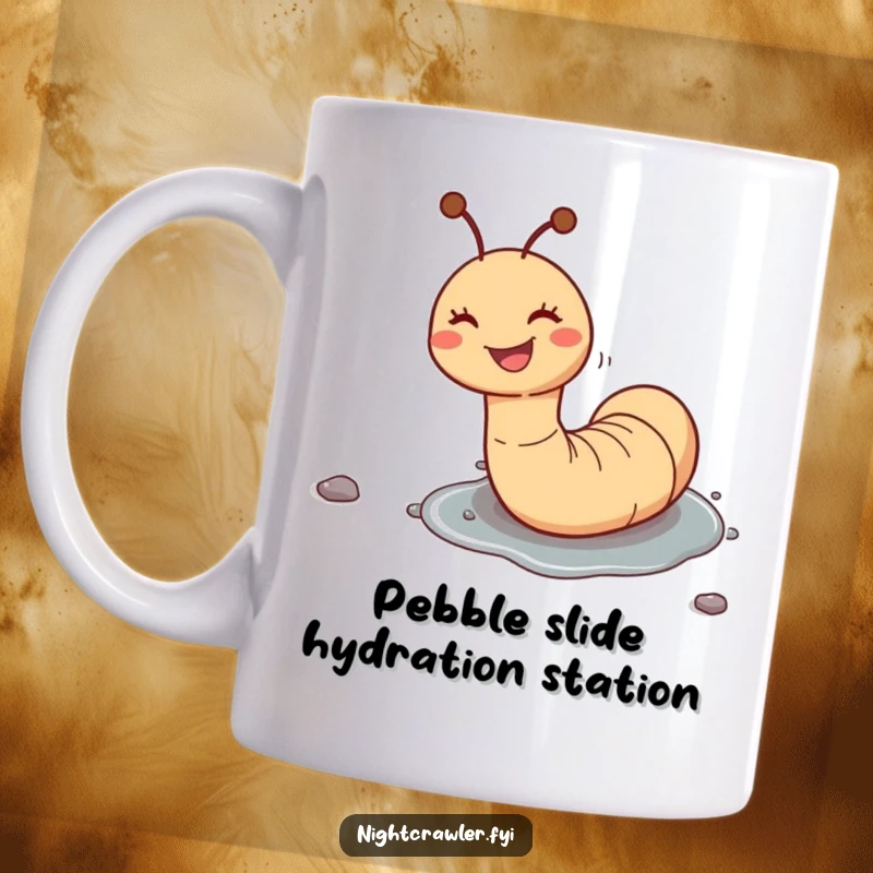 Funny mug showcasing a happy worm character gleefully sliding down a wet pebble, radiating infectious fun and delight.
