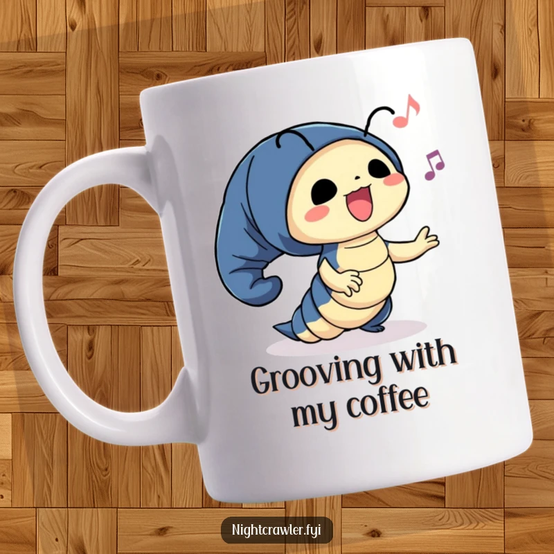 Funny mug with a cute night crawler character happily swaying and grooving to imaginary music with a joyful expression.