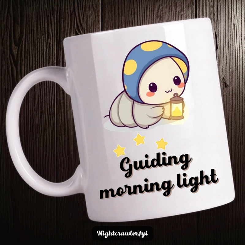 Funny mug with a night crawler character holding a tiny lantern, illuminating a path of glowing stars, symbolizing hope and guidance.