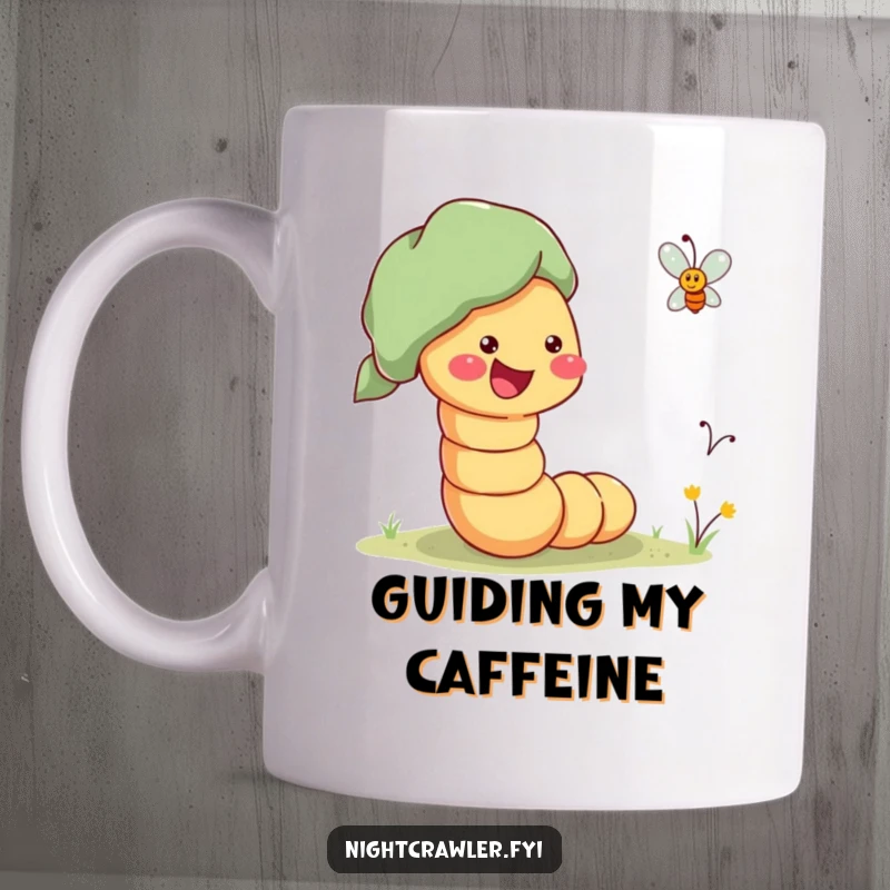 Funny Mug featuring a cheerful worm enthusiastically guiding a lost firefly towards its home, symbolizing kindness and help.