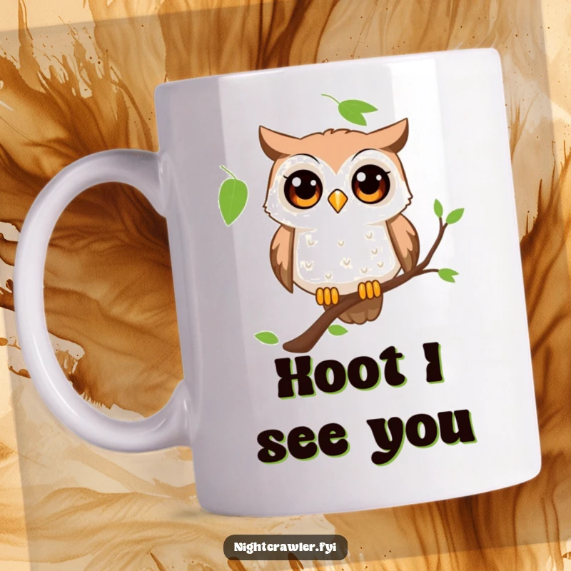 Funny owl mug featuring a curious character with wide eyes, perched on a branch, looking amazed and ready to explore.