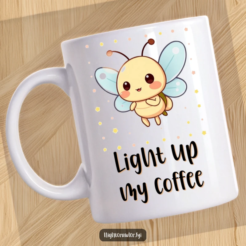 Funny Mug: Playful firefly character blinking its light in a cheerful pattern, radiating happy energy and light.