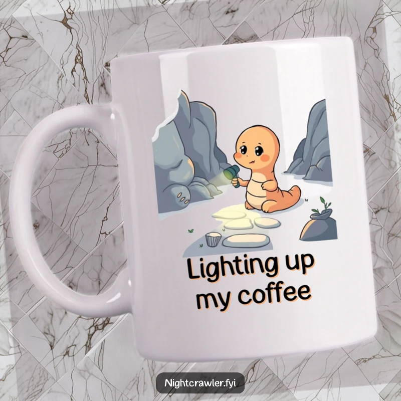 Funny mug featuring an earthworm character bravely holding a tiny flashlight, illuminating a dark path ahead with determination.