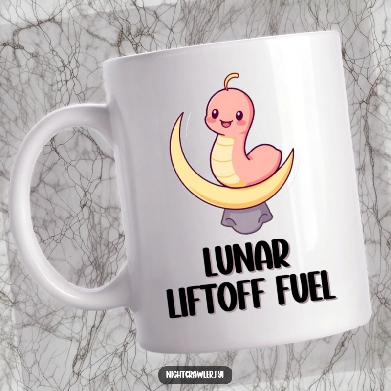 Funny kawaii mug with a grinning worm character balancing precariously on a crescent moon, radiating cute and humorous energy.