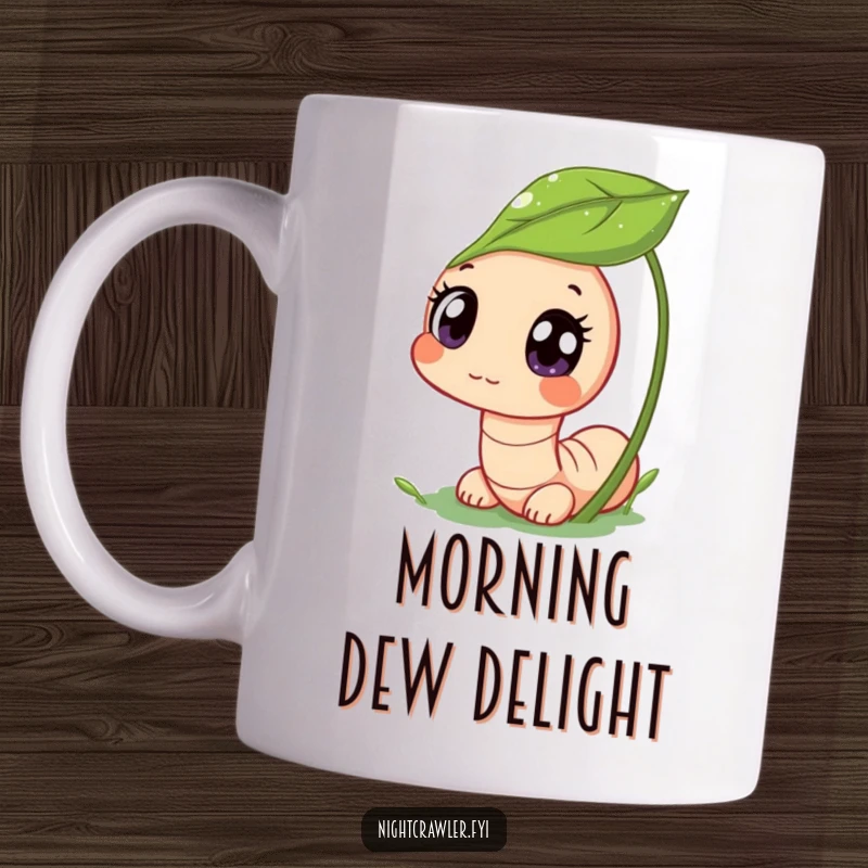 Funny mug showing a cute worm character peeking from a dewy leaf with wide, curious eyes, symbolizing funny inquisitiveness and garden charm.