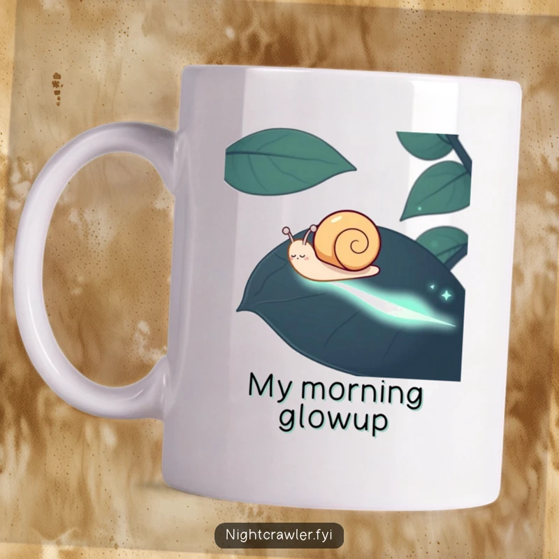 Funny Snail Mug: A happy snail glows as it leaves a phosphorescent trail across a dark leaf, perfect for a funny gift.