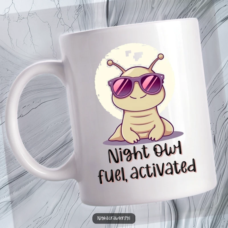Funny mug featuring a smiling slug in oversized sunglasses, chilling under the moonlight, a perfect gift for night owls.