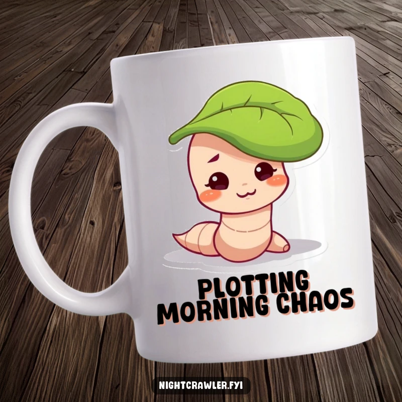 Funny mug with a worm character sporting a mischievous smirk, peeking out from beneath a green leaf, plotting fun.