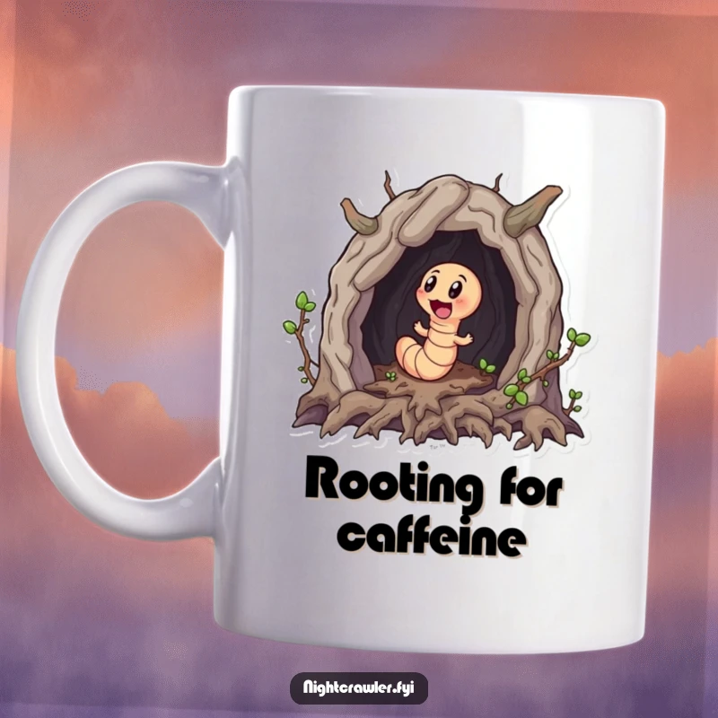 Funny mug featuring a little worm character excitedly exploring a miniature cave made of roots, a perfect gift for curiosity.