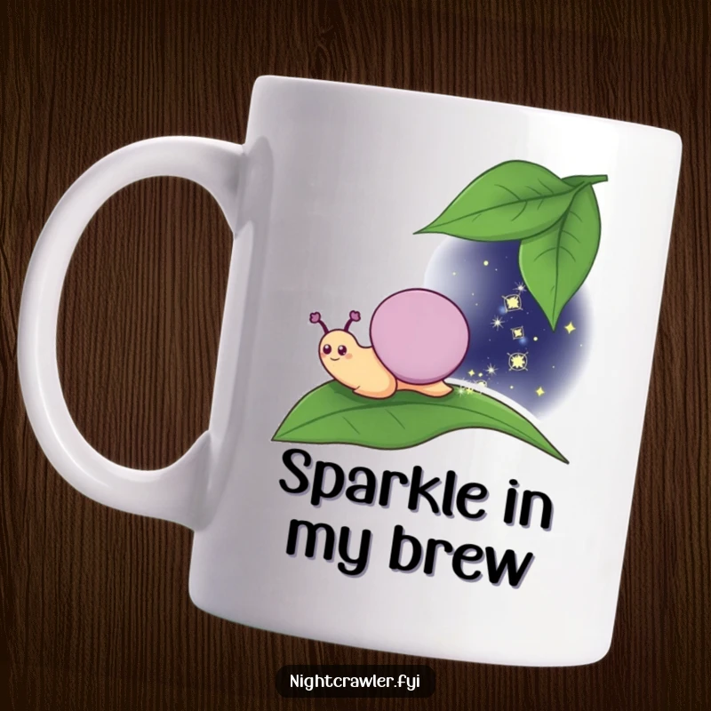 Funny Mug: Smiling snail character leisurely leaving a sparkly trail across a leaf at night, radiating calm joy.