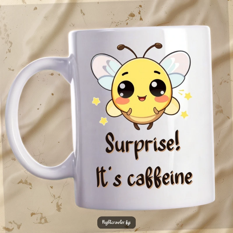 Funny mug depicting a playful firefly character blinking its light rapidly, conveying a pattern of delightful surprise.