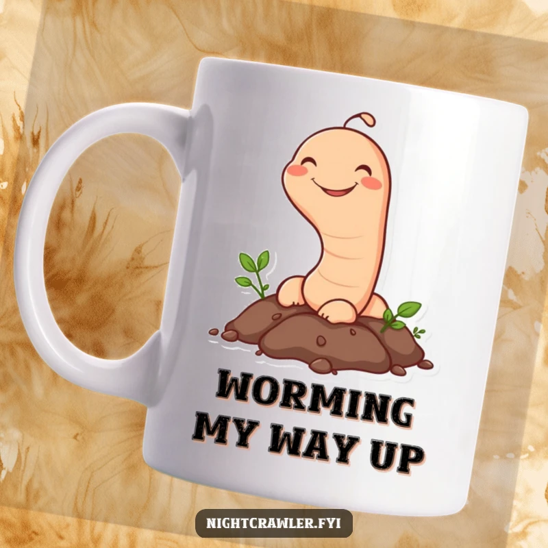 Funny Earthworm Mug: A cheerful earthworm character peeks its head out of the soil with a wide, happy grin, a humorous garden delight.