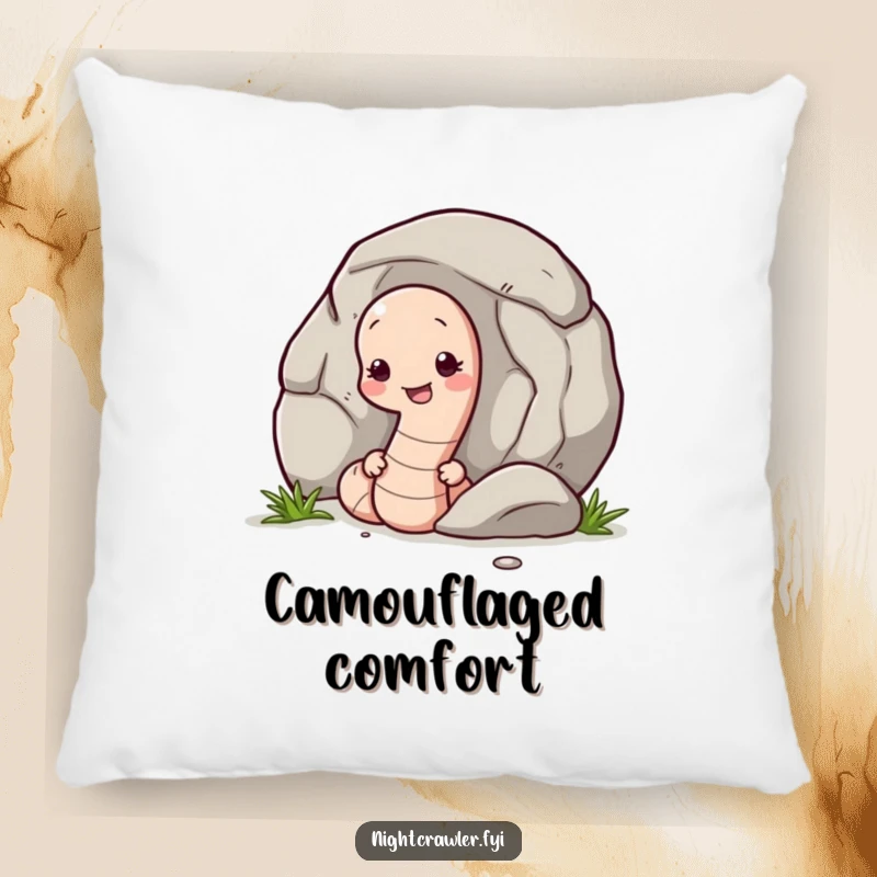 Funny pillow showing a shy earthworm peeking from behind a pebble, offering a soft, comforting, and humorous accent.