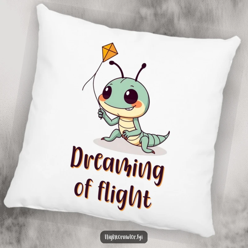 Funny pillow design of a goofy night crawler with a big grin, determinedly trying to fly a tiny kite, full of hopeful ambition.