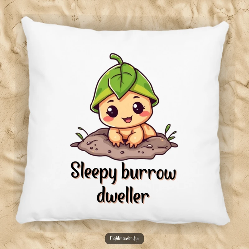 Funny pillow design of a cheerful night crawler with a leaf cap, peeking from its burrow with a sweet, innocent expression.