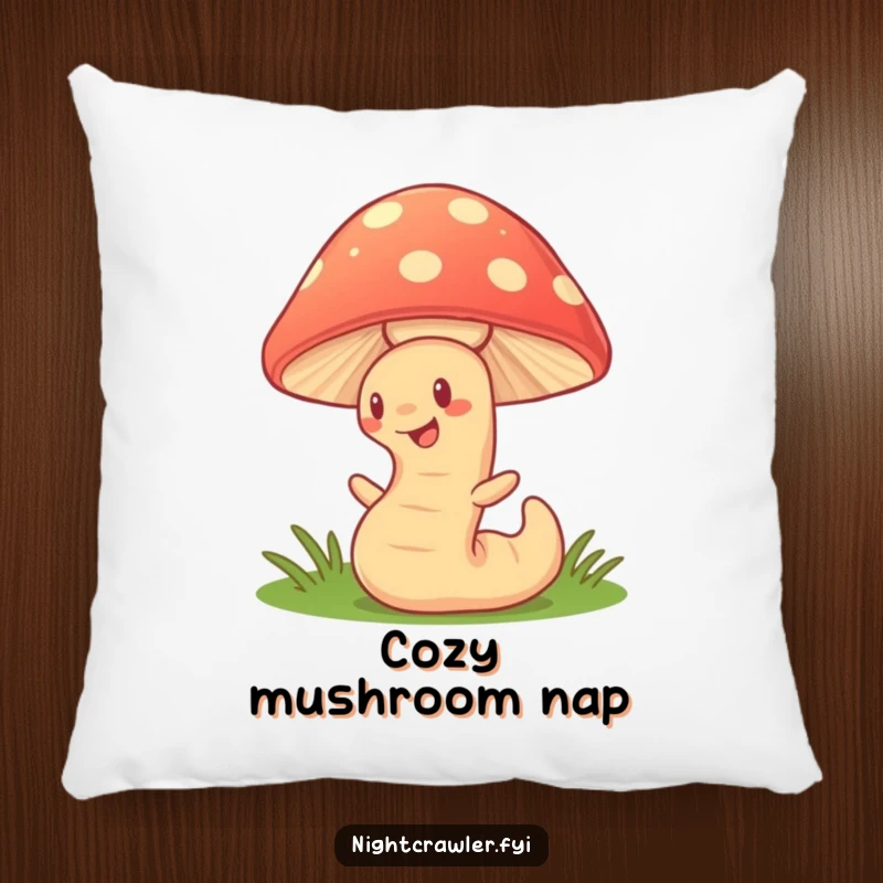 Funny Pillow: Soft pillow featuring a cute earthworm wiggling under a glowing mushroom, providing comfort and a whimsical feel.