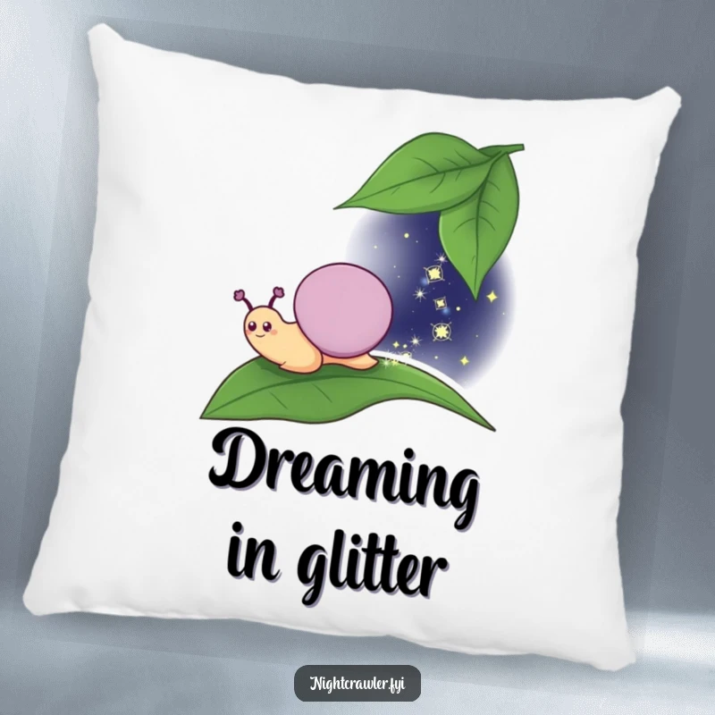 Funny Pillow: Soft pillow featuring a smiling snail leaving a sparkly trail at night, providing comfort and a magical feel.