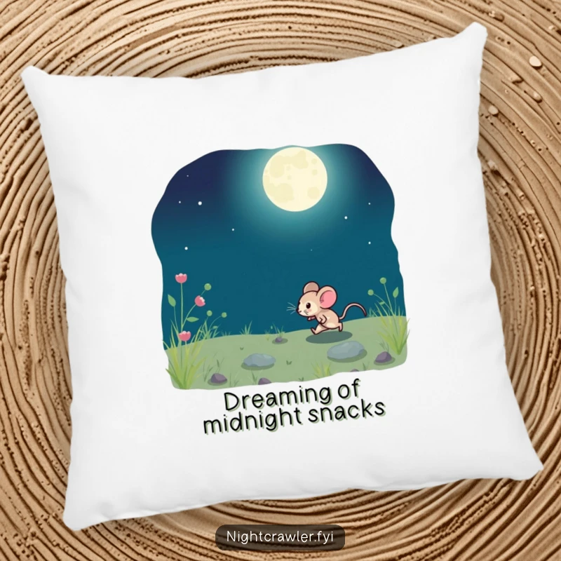 Funny pillow featuring a small mouse playfully running on moonlit ground, perfect for cozy nighttime vibes.