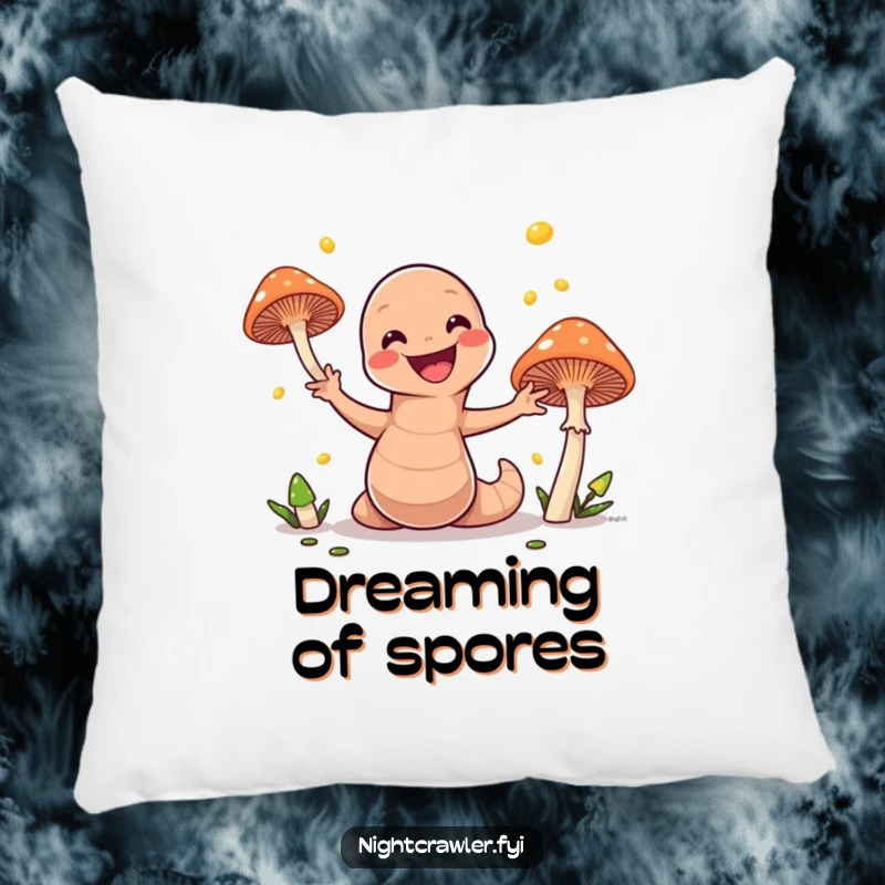 Funny pillow showcasing a happy earthworm juggling glowing mushrooms, offering a comfortable and humorous accent piece for any room.