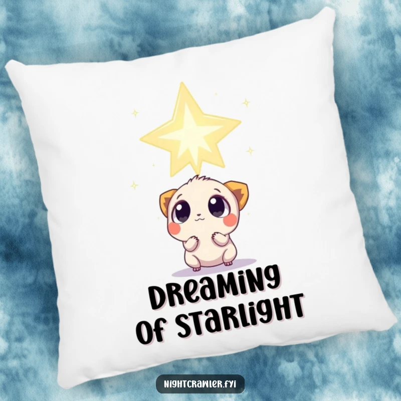 Funny Pillow: A small creature with wide, curious eyes observes a colossal, twinkling star, adding celestial comfort.