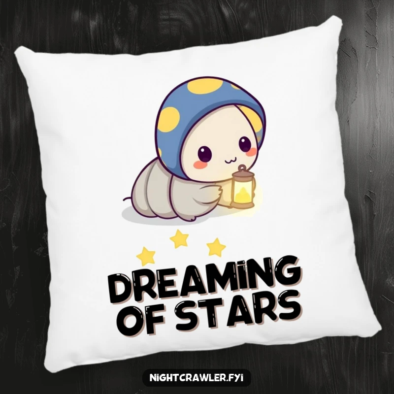 Funny pillow with a night crawler character holding a lantern and leading a path of glowing stars, adding celestial comfort to decor.