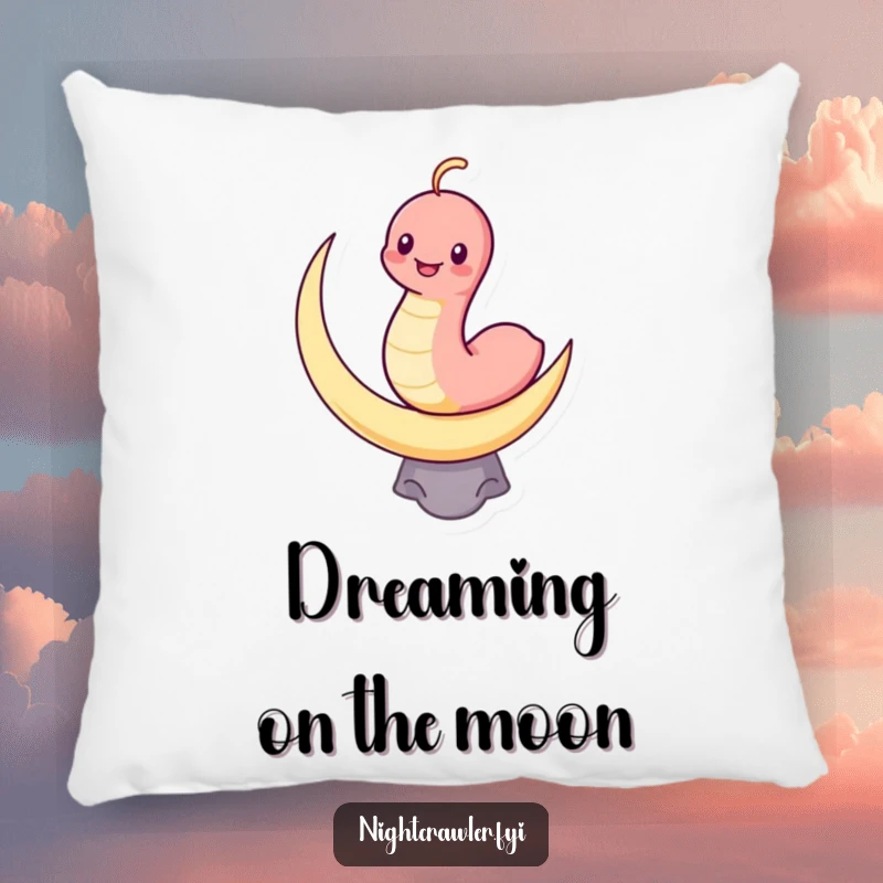 Funny pillow with a grinning kawaii worm balancing on a crescent moon, adding humorous and cute comfort to any setting.