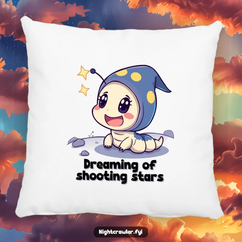 Funny pillow with a night crawler character showing exaggerated surprise at a shooting star, offering comfort and cosmic inspiration.