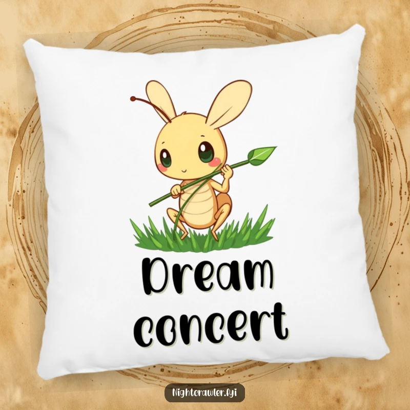 Funny Cricket Melody Pillow: A cute cricket character happily strums a blade of grass, a soft and humorous decor piece.