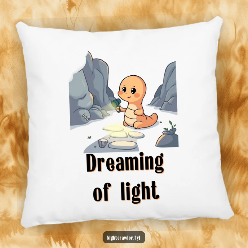 Funny pillow showing an earthworm with a flashlight illuminating a dark path, offering a soft, comforting, and humorous accent.