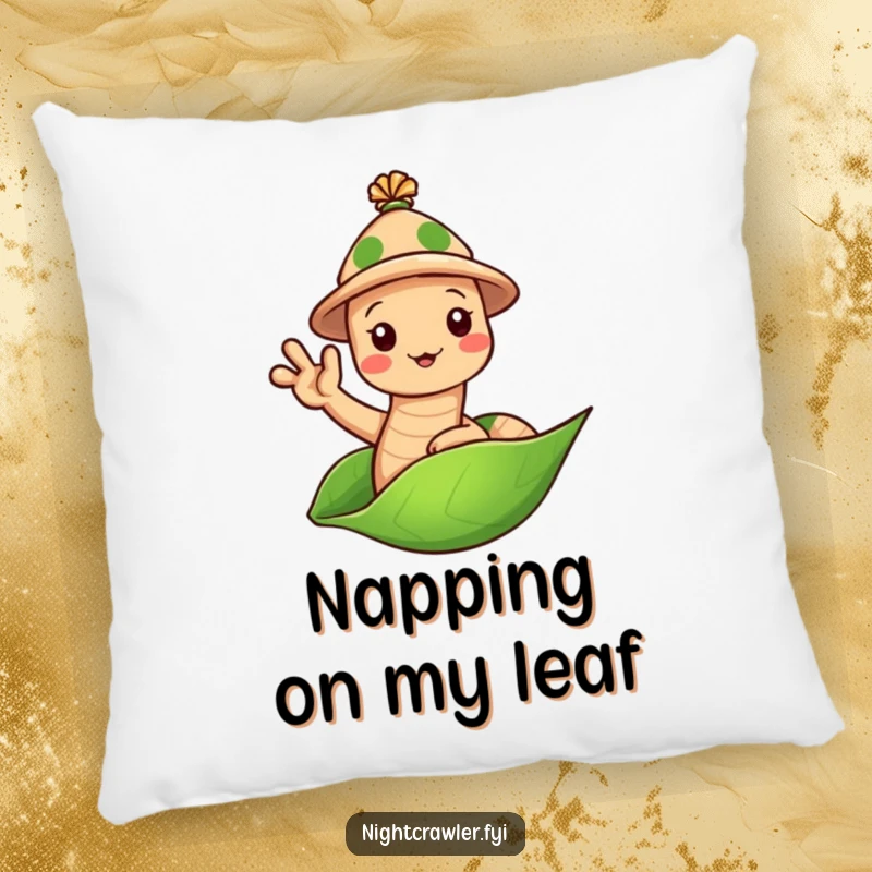 Funny Earthworm Hat Pillow: Cute worm in a tiny hat waving hello from a leaf, a soft and humorous cushion.