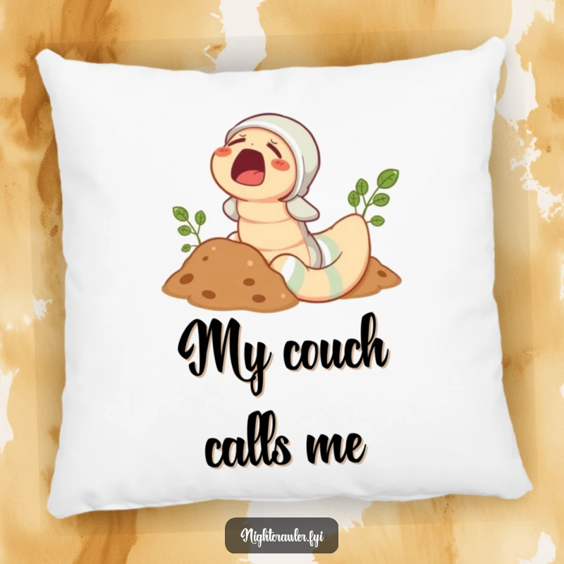 Funny Earthworm Pajama Pillow: Cozy sleepy worm in pajamas peeking from soil with a yawn, a comical cushion.