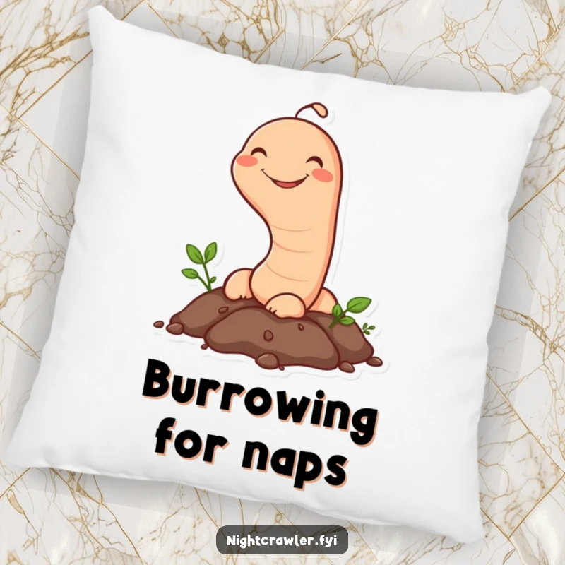 Funny Earthworm Pillow: A happy earthworm character peeks its head from the soil with a grin, offering humorous comfort and a touch of nature.