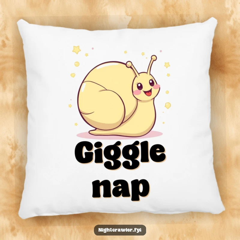 Funny kawaii snail pillow displaying a cute snail character leaving a shimmering trail of giggles, offering soft, joyful comfort.