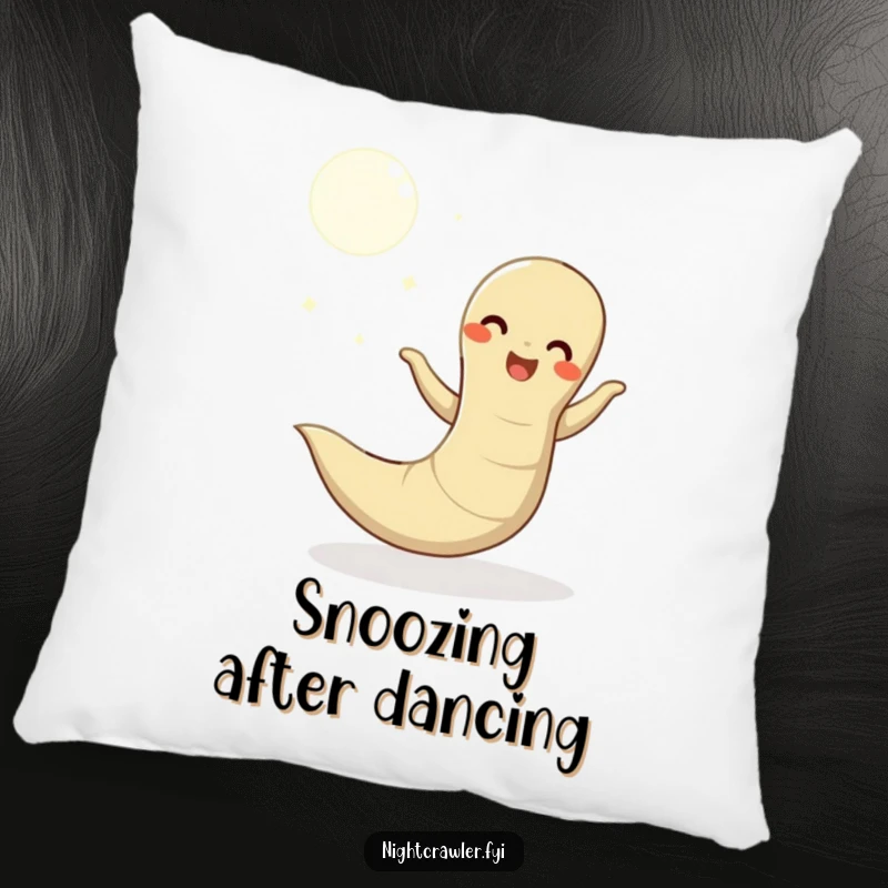 Funny pillow with a happy earthworm dancing under the moon, offering a cozy and humorous addition to any sofa or bed.
