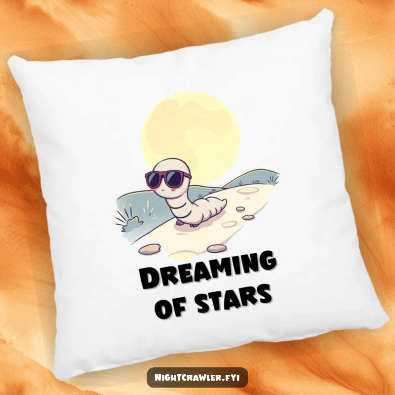 Funny pillow with a worm wearing sunglasses, slowly inching across a moonlit path, perfect for cozy nights.