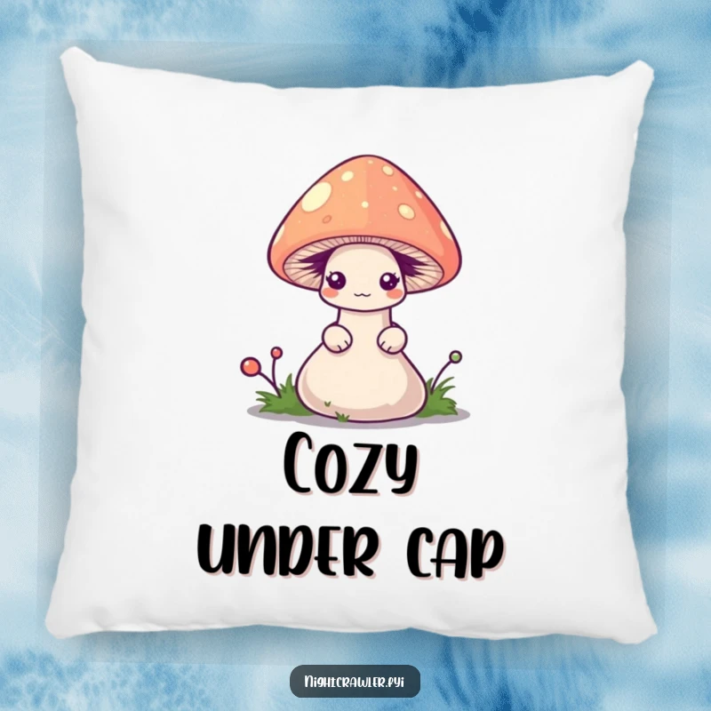 Funny worm pillow with a shy worm peeking from a tiny, glowing mushroom cap, soft and adorably humorous.