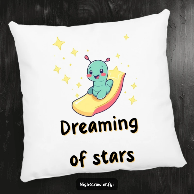 Funny smiling worm zooming down a slide made of starlight, depicted on this comfortable pillow.