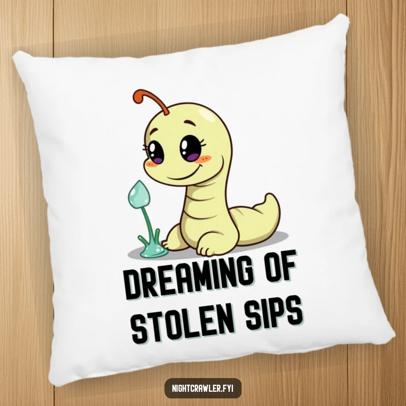 Funny pillow featuring a wiggly worm character with a mischievous grin, reaching for a dewdrop, bringing playful comfort.