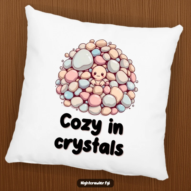 Funny pillow: small worm peeking from giant sparkling pebbles. Soft, humorous, and charming.