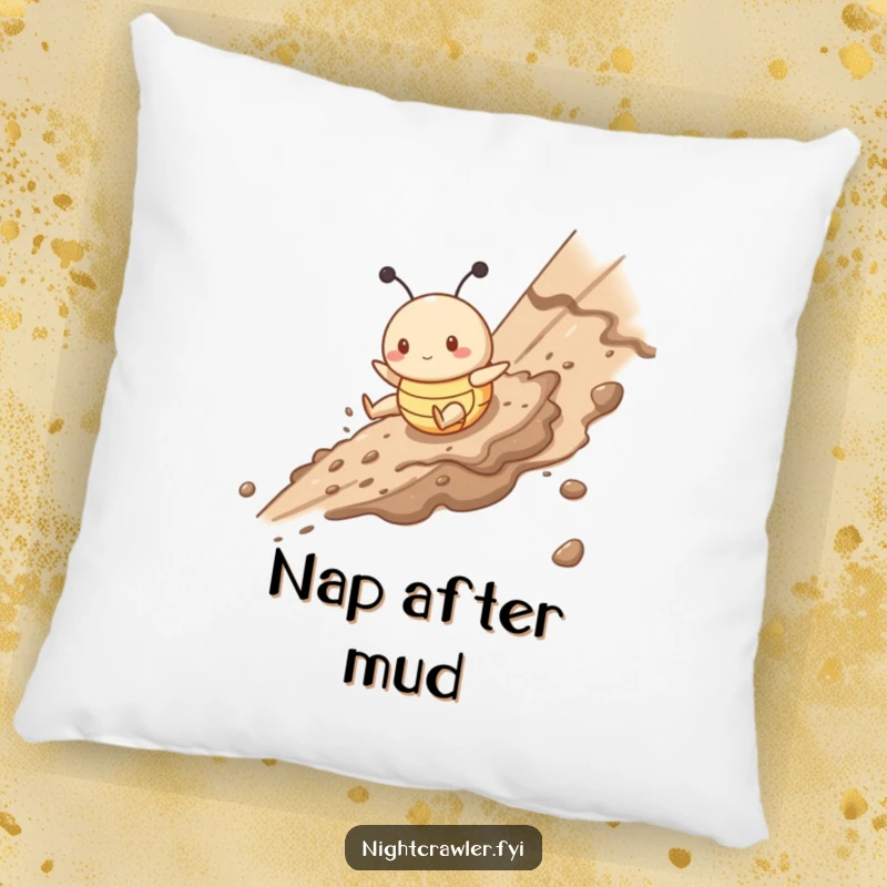 Funny pillow with a cute buggy character gleefully sliding down a muddy slope, soft and humorous home decor accent.