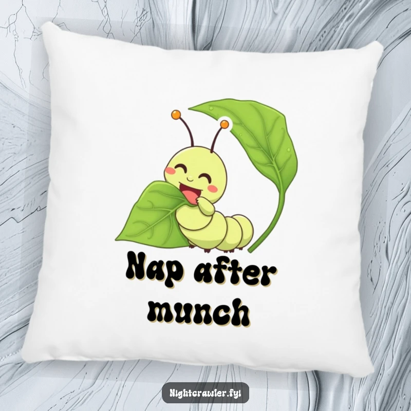 Funny caterpillar pillow featuring a happy character joyfully munching on a large leaf, representing cozy eating.