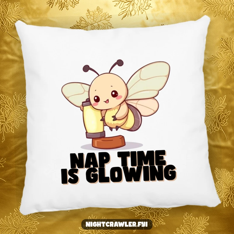 Funny Kawaii Moth Pillow: A cute moth character is depicted fluttering around a warm, glowing lantern, offering humorous comfort and style.