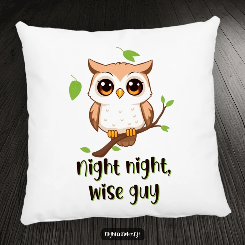 Funny owl pillow with a curious character's wide, wondering eyes, perched on a branch, offering comfort and charm.