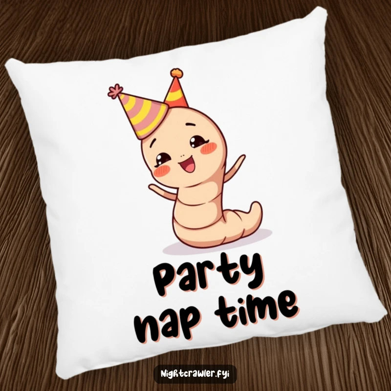 Funny earthworm pillow featuring a cute character in a party hat, wiggling happily and bringing festive vibes.