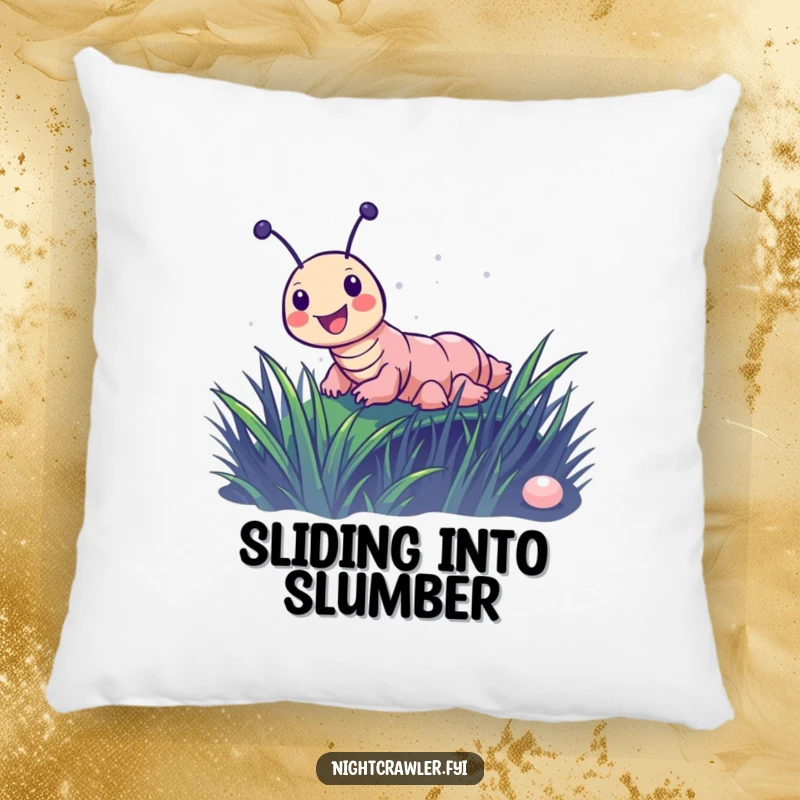 Funny pillow design of a joyful night crawler character sliding down a dewy blade of grass, bringing comfort and cheer.