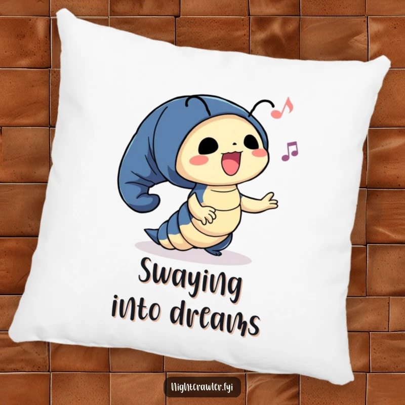 Funny pillow with a cute night crawler character happily swaying to unseen music, adding comfort and musical cheer.